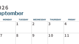 2026年9月横型日曜始まり 書き込みしやすい文字が大きなA4無料シンプルなカレンダー(2026-01090900)