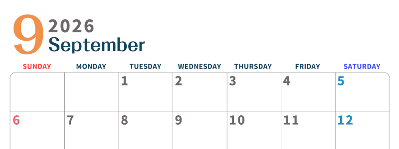 2026年9月横型日曜始まり 書き込みしやすい文字が大きなA4無料シンプルなカレンダー(2026-01090900)