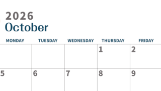 2026年10月横型日曜始まり 書き込みしやすい文字が大きなA4無料シンプルなカレンダー(2026-01091000)