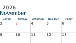 2026年11月横型日曜始まり 書き込みしやすい文字が大きなA4無料シンプルなカレンダー(2026-01091100)