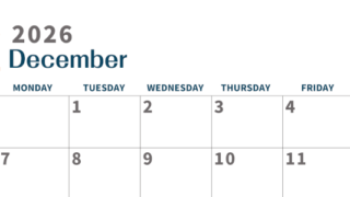 2026年12月横型日曜始まり 書き込みしやすい文字が大きなA4無料シンプルなカレンダー(2026-01091200)