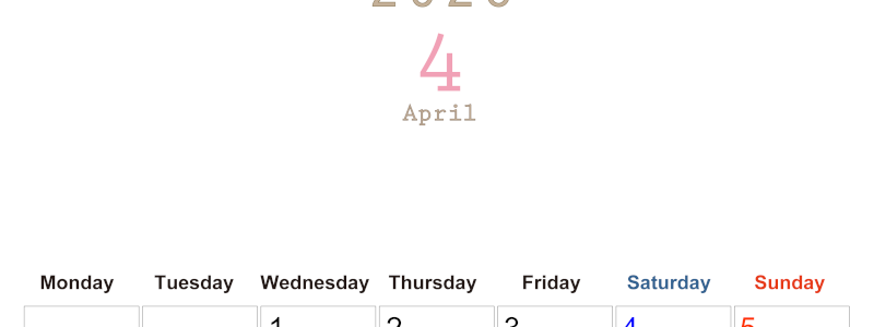 2026年4月縦型月曜始まり 大きい文字が見やすく書き込みも楽なA4無料シンプルカレンダー(2026-01100411)