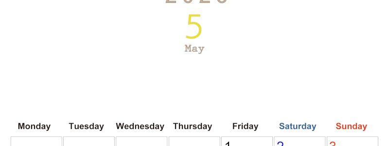 2026年5月縦型月曜始まり 大きい文字が見やすく書き込みも楽なA4無料シンプルカレンダー(2026-01100511)