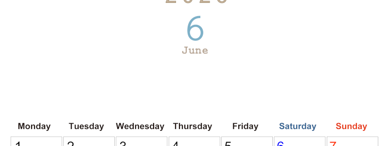 2026年6月縦型月曜始まり 大きい文字が見やすく書き込みも楽なA4無料シンプルカレンダー(2026-01100611)