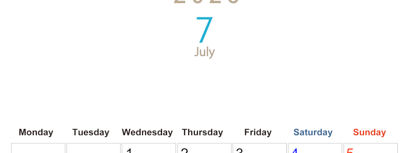 2026年7月縦型月曜始まり  大きい文字が見やすく書き込みも楽なA4無料シンプルカレンダー(2026-01100711)