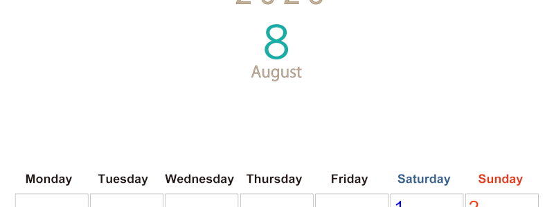 2026年8月縦型月曜始まり 大きい文字が見やすく書き込みも楽なA4無料シンプルカレンダー(2026-01100811)