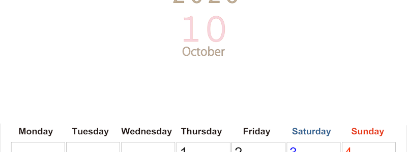 2026年10月縦型月曜始まり 大きい文字が見やすく書き込みも楽なA4無料シンプルカレンダー(2026-01101011)