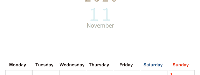 2026年11月縦型月曜始まり 大きい文字が見やすく書き込みも楽なA4無料シンプルカレンダー(2026-01101111)