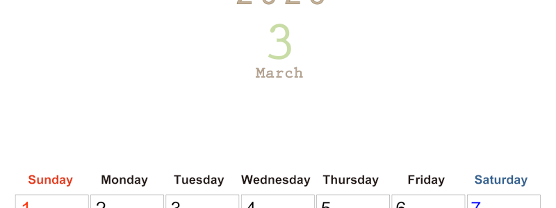 2026年3月縦型日曜始まり 大きい文字が見やすく書き込みも楽なA4無料シンプルカレンダー(2026-01100310)