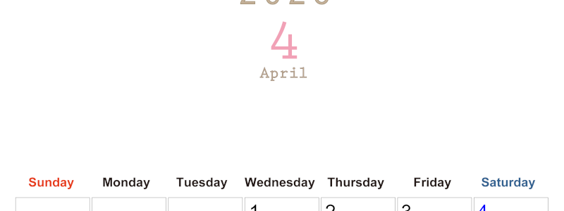 2026年4月縦型日曜始まり 大きい文字が見やすく書き込みも楽なA4無料シンプルカレンダー(2026-01100410)