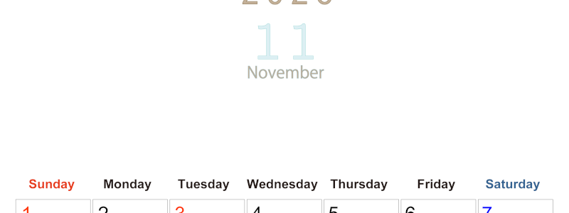 2026年11月縦型日曜始まり 大きい文字が見やすく書き込みも楽なA4無料シンプルカレンダー(2026-01101110)