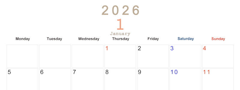 2026年1月横型月曜始まり 大きい文字が見やすく書き込みも楽なA4無料シンプルカレンダー(2026-01100101)