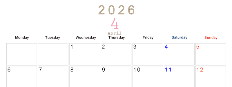 2026年4月横型月曜始まり 大きい文字が見やすく書き込みも楽なA4無料シンプルカレンダー(2026-01100401)