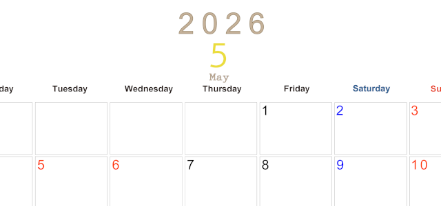 2026年5月横型月曜始まり 大きい文字が見やすく書き込みも楽なA4無料シンプルカレンダー(2026-01100501)