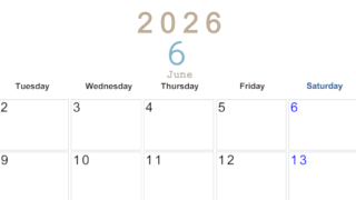 2026年6月横型月曜始まり 大きい文字が見やすく書き込みも楽なA4無料シンプルカレンダー(2026-01100601)