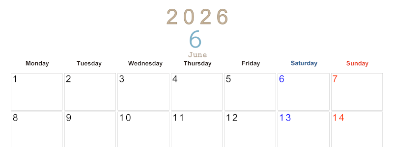 2026年6月横型月曜始まり 大きい文字が見やすく書き込みも楽なA4無料シンプルカレンダー(2026-01100601)