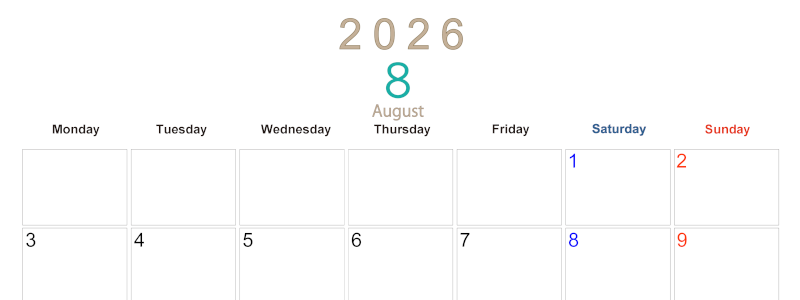 2026年8月横型月曜始まり 大きい文字が見やすく書き込みも楽なA4無料シンプルカレンダー(2026-01100801)