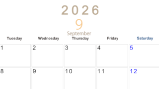 2026年9月横型月曜始まり 大きい文字が見やすく書き込みも楽なA4無料シンプルカレンダー(2026-01100901)