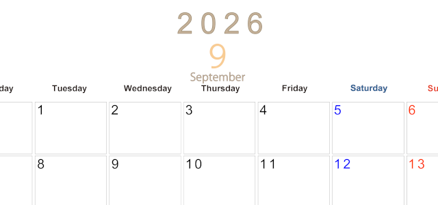 2026年9月横型月曜始まり 大きい文字が見やすく書き込みも楽なA4無料シンプルカレンダー(2026-01100901)