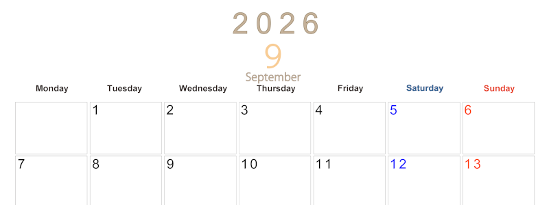 2026年9月横型月曜始まり 大きい文字が見やすく書き込みも楽なA4無料シンプルカレンダー(2026-01100901)