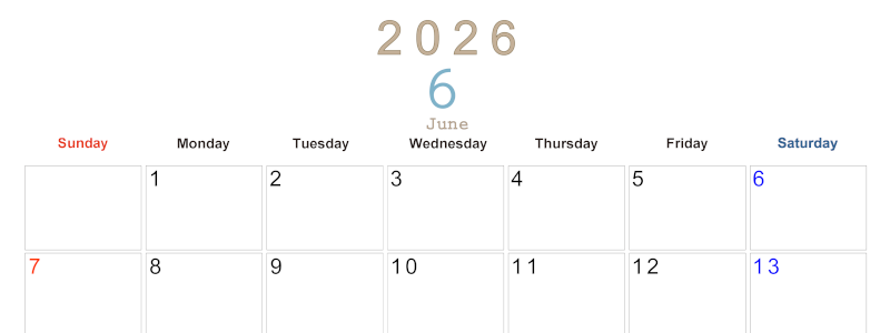 2026年6月横型日曜始まり 大きい文字が見やすく書き込みも楽なA4無料シンプルカレンダー(2026-01100600)
