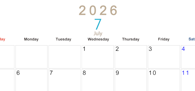 2026年7月横型日曜始まり 大きい文字が見やすく書き込みも楽なA4無料シンプルカレンダー(2026-01100700)