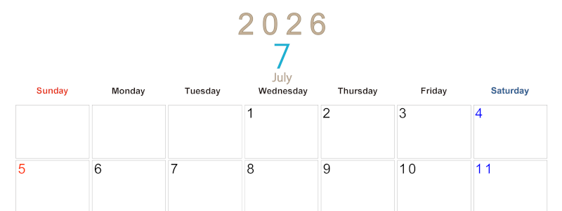 2026年7月横型日曜始まり 大きい文字が見やすく書き込みも楽なA4無料シンプルカレンダー(2026-01100700)