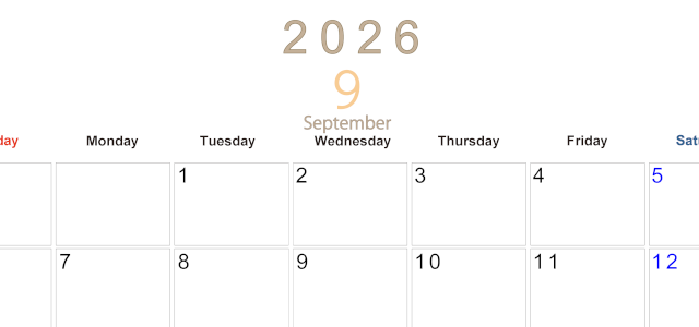 2026年9月横型日曜始まり 大きい文字が見やすく書き込みも楽なA4無料シンプルカレンダー(2026-01100900)