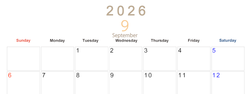 2026年9月横型日曜始まり 大きい文字が見やすく書き込みも楽なA4無料シンプルカレンダー(2026-01100900)