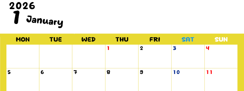 2026年1月横型月曜始まり 書き込みしやすい文字が大きなA4無料シンプルなカレンダー(2026-01110101)