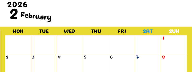 2026年2月横型月曜始まり 書き込みしやすい文字が大きなA4無料シンプルなカレンダー(2026-01110201)