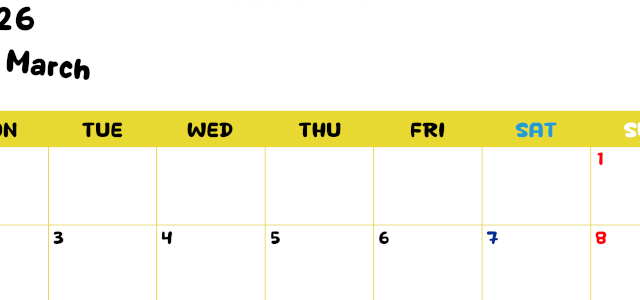 2026年3月横型月曜始まり 書き込みしやすい文字が大きなA4無料シンプルなカレンダー(2026-01110301)