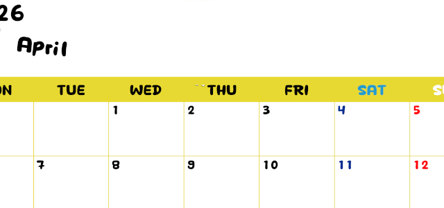 2026年4月横型月曜始まり 書き込みしやすい文字が大きなA4無料シンプルなカレンダー(2026-01110401)