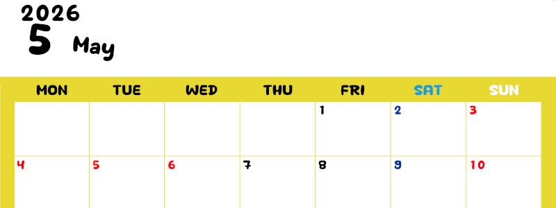 2026年5月横型月曜始まり 書き込みしやすい文字が大きなA4無料シンプルなカレンダー(2026-01110501)