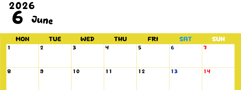 2026年6月横型月曜始まり 書き込みしやすい文字が大きなA4無料シンプルなカレンダー(2026-01110601)
