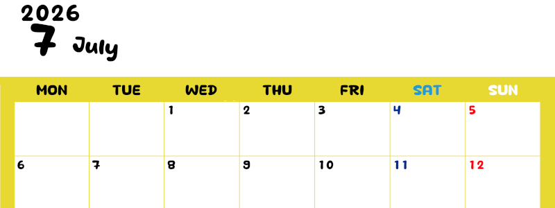 2026年7月横型月曜始まり  書き込みしやすい文字が大きなA4無料シンプルなカレンダー(2026-01110701)