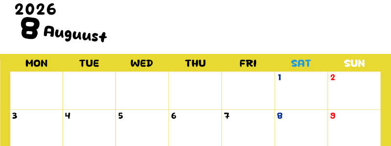 2026年8月横型月曜始まり 書き込みしやすい文字が大きなA4無料シンプルなカレンダー(2026-01110801)