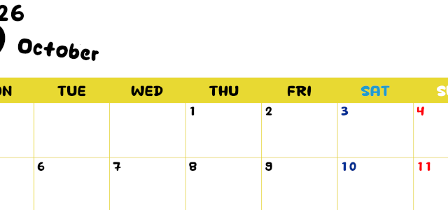 2026年10月横型月曜始まり 書き込みしやすい文字が大きなA4無料シンプルなカレンダー(2026-01111001)