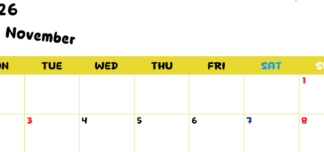 2026年11月横型月曜始まり 書き込みしやすい文字が大きなA4無料シンプルなカレンダー(2026-01111101)