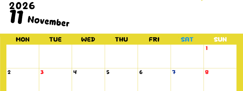 2026年11月横型月曜始まり 書き込みしやすい文字が大きなA4無料シンプルなカレンダー(2026-01111101)