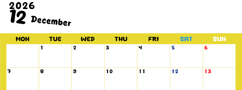 2026年12月横型月曜始まり 書き込みしやすい文字が大きなA4無料シンプルなカレンダー(2026-01111201)