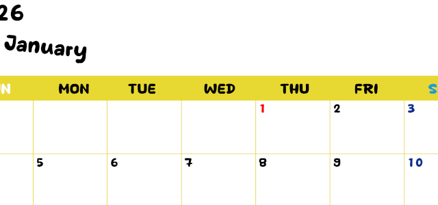 2026年1月横型日曜始まり 書き込みしやすい文字が大きなA4無料シンプルなカレンダー(2026-01110100)
