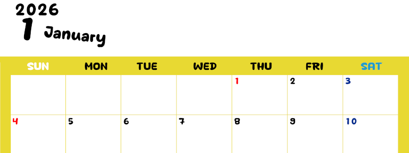 2026年1月横型日曜始まり 書き込みしやすい文字が大きなA4無料シンプルなカレンダー(2026-01110100)