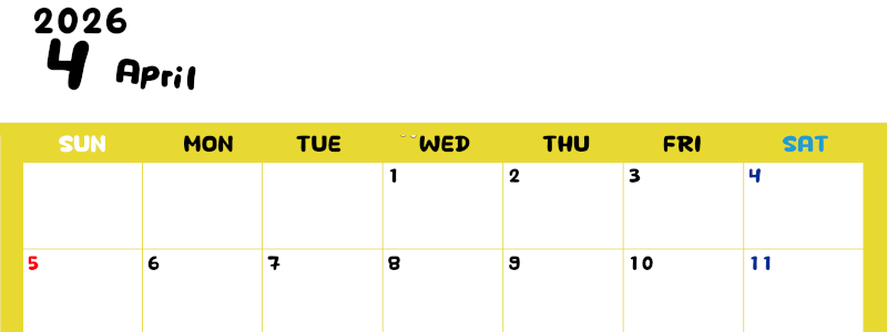 2026年4月横型日曜始まり 書き込みしやすい文字が大きなA4無料シンプルなカレンダー(2026-01110400)