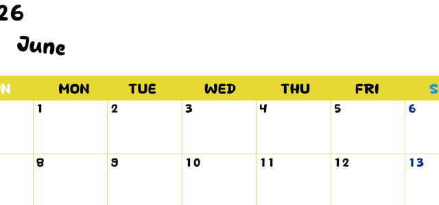 2026年6月横型日曜始まり 書き込みしやすい文字が大きなA4無料シンプルなカレンダー(2026-01110600)