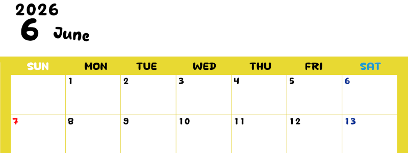 2026年6月横型日曜始まり 書き込みしやすい文字が大きなA4無料シンプルなカレンダー(2026-01110600)