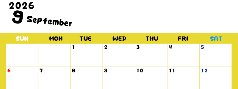 2026年9月横型日曜始まり 書き込みしやすい文字が大きなA4無料シンプルなカレンダー(2026-01110900)