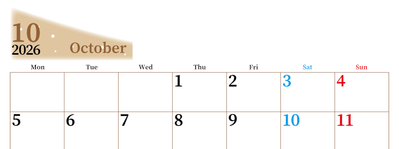 2026年10月横型月曜始まり 大きい文字が見やすく書き込みも楽なA4無料シンプルカレンダー(2026-01121001)
