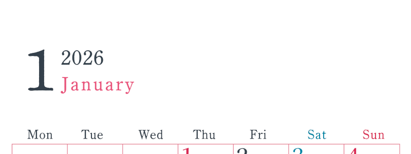 2026年1月縦型月曜始まり シンプルで書き込みしやすい文字が大きい見やすいおすすめの無料カレンダー(2026-01150111)