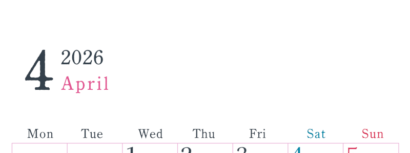 2026年4月縦型月曜始まり シンプルで書き込みしやすい文字が大きい見やすいおすすめの無料カレンダー(2026-01150411)